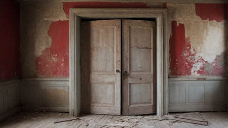 An old, abandoned room featuring cracked walls, a dusty floor, and a red peeling door next to a single window, invoking a vintage, nostalgic and eerie feeling of decay and neglect. AI generated imageの写真素材