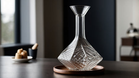 This image showcases a beautifully crafted glass decanter with a geometric design, placed on a wooden tray in a minimalist and stylish interior, ideal for home decor inspiration. AI generated imageの写真素材