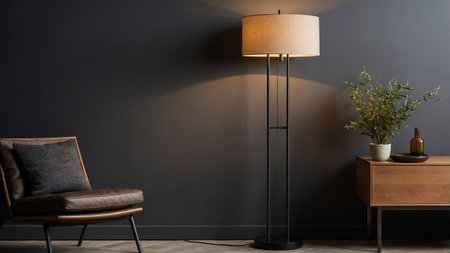 A modern living room featuring a gray wall, a comfortable chair, floor lamp, wooden table with plant, creating a cozy ambiance. This minimalist design exemplifies contemporary interior decor. AI generated imageの写真素材