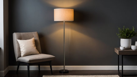 A modern living room featuring a gray wall, a comfortable chair, floor lamp, wooden table with plant, creating a cozy ambiance. This minimalist design exemplifies contemporary interior decor. AI generated imageの写真素材