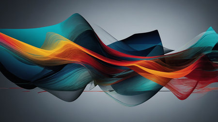 This image showcases vibrant, flowing waves of color on a dark background, capturing a sense of dynamic motion and abstract beauty. The rich reds, greens, blues, and yellows create an engaging visual interplay. AI generated imageの写真素材