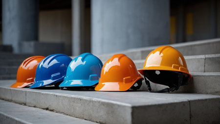 The image showcases nine construction helmets of different colors - white, yellow, orange, and blue - neatly placed on a concrete surface, symbolizing safety and unity in construction work. AI generated imageの写真素材