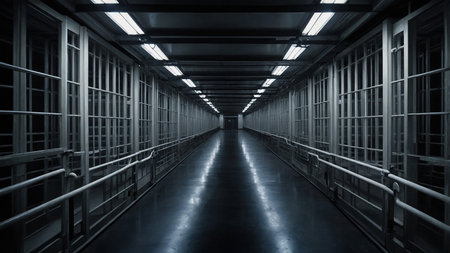 A narrow, dark prison corridor with metal bars of empty cells on each side and a bright light from a door at the end, evoking feelings of desolation and confinement in a modern correctional facility. AI generated imageの写真素材