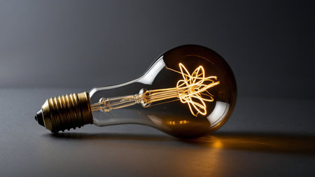 A close-up of an incandescent light bulb lying on its side, showing a unique filament pattern, glowing warmly against a dark background, symbolizing innovation and creativity in a classic design. AI generated imageの写真素材