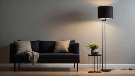 A modern living room featuring a black sofa with cushions, a tall floor lamp, a small coffee table, and a green plant against a dark gray wall, reflecting minimalist and cozy interior design. AI generated imageの写真素材