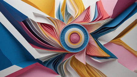This image features an abstract geometric paper art piece with a concentric circular design. The design is highlighted with vibrant curved lines in hues of yellow, blue, pink, and red, creating a visually engaging artwork. AI generated imageの写真素材