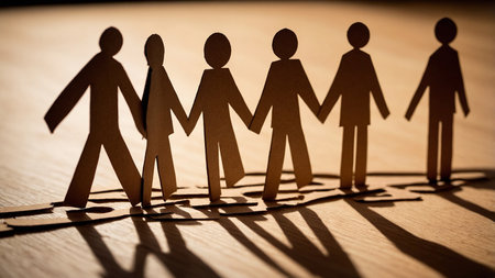 This image showcases a paper cutout of seven individuals holding hands, symbolizing unity and togetherness, set against a wooden background with cast shadows emphasizing human connection and solidarity. AI generated imageの写真素材
