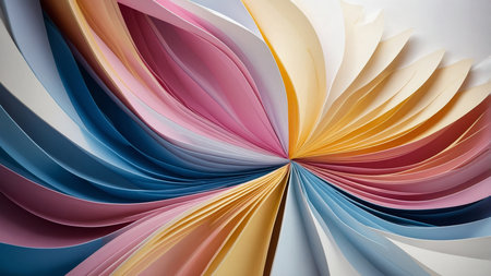 This image features an abstract geometric paper art piece with a concentric circular design. The design is highlighted with vibrant curved lines in hues of yellow, blue, pink, and red, creating a visually engaging artwork. AI generated imageの写真素材
