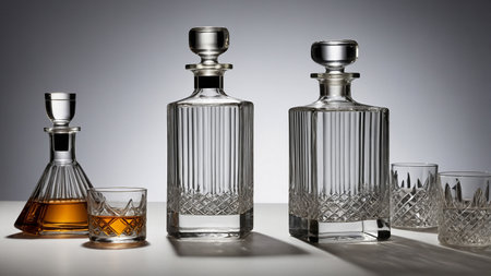 This image showcases two crystal decanters and a smaller one containing whiskey, alongside three crystal glasses, all beautifully arranged on a reflective white surface with subtle lighting. AI generated imageの写真素材