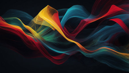 This image showcases vibrant, flowing waves of color on a dark background, capturing a sense of dynamic motion and abstract beauty. The rich reds, greens, blues, and yellows create an engaging visual interplay. AI generated imageの写真素材