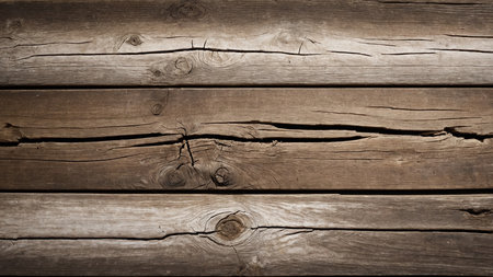 This image showcases rustic wooden planks, displaying a natural brown and weathered gray finish with distinct wood grain patterns across the surface, highlighting the texture and character of the wood. AI generated imageの写真素材