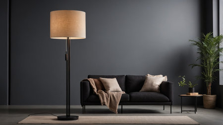 A modern living room featuring a black sofa with cushions, a tall floor lamp, a small coffee table, and a green plant against a dark gray wall, reflecting minimalist and cozy interior design. AI generated imageの写真素材