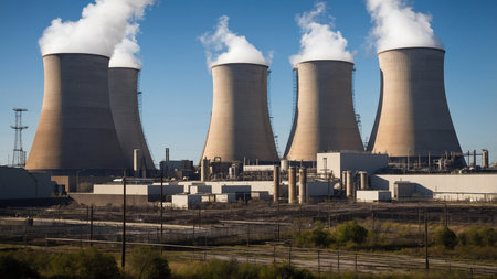 This image showcases a nuclear power plant, prominently featuring three cooling towers emitting white steam under a clear blue sky, indicative of clean energy production and industrial presence. AI generated imageの写真素材