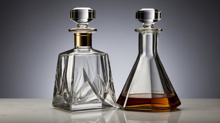 This image showcases two sophisticated glass decanters of different shapes, one with a golden accent and the other filled with an amber liquid, elegantly placed on a white surface. AI generated imageの写真素材