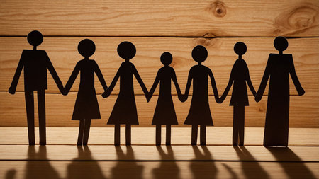 This image showcases a paper cutout of seven individuals holding hands, symbolizing unity and togetherness, set against a wooden background with cast shadows emphasizing human connection and solidarity. AI generated imageの写真素材