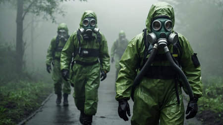 The image portrays several individuals in green hazmat suits and gas masks walking along a foggy forest path, conveying a serious and urgent atmosphere. The scene is both eerie and engaging. AI generated imageの写真素材