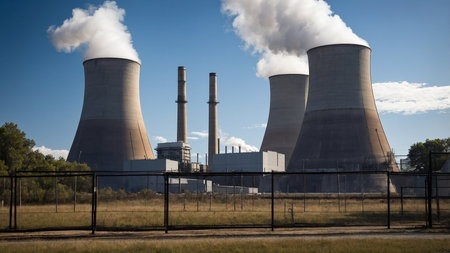 This image showcases a nuclear power plant, prominently featuring three cooling towers emitting white steam under a clear blue sky, indicative of clean energy production and industrial presence. AI generated imageの写真素材