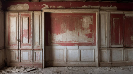 An old, abandoned room featuring cracked walls, a dusty floor, and a red peeling door next to a single window, invoking a vintage, nostalgic and eerie feeling of decay and neglect. AI generated imageの写真素材