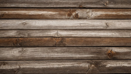 This image showcases rustic wooden planks, displaying a natural brown and weathered gray finish with distinct wood grain patterns across the surface, highlighting the texture and character of the wood. AI generated imageの写真素材
