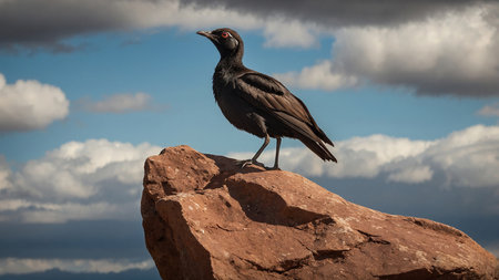 A striking black bird with intense red eyes stands majestically on a rock, set against a dramatic cloudy sky, showcasing the beauty and solitude of the natural world.の写真素材