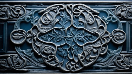 An intricately blue floral pattern with textured, detailed leaves and flowers, emphasizing artistic style and craftsmanship. AI generated imageの写真素材