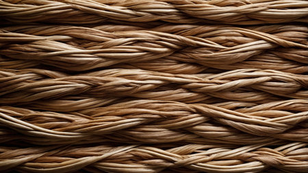This image showcases a detailed close-up of intricately woven natural fibers, revealing a beautiful and complex pattern that highlights the craftsmanship and texture in warm, earthy tones. AI generated imageの写真素材