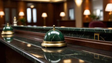 This image shows a stylish reception desk featuring a polished green bell, set in a refined interior environment, warmly lit with lamps and offering an atmosphere of professionalism and luxury. AI generated imageの写真素材