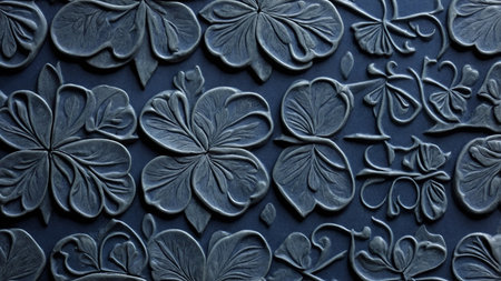 An intricately blue floral pattern with textured, detailed leaves and flowers, emphasizing artistic style and craftsmanship. AI generated imageの写真素材