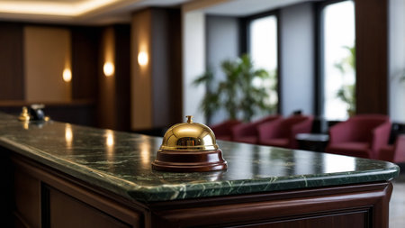 A luxurious hotel reception desk made of green marble, featuring a shiny golden bell, with a cozy seating area in the background and warm lighting enhancing the inviting atmosphere. AI generated imageの写真素材
