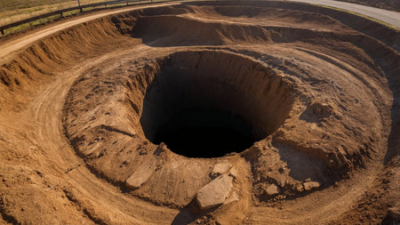 A large, deep, circular hole with smoothly excavated edges, situated in a barren, dry earth landscape with open sky, capturing the sense of depth and emptiness in the natural environment. AI generated imageの写真素材