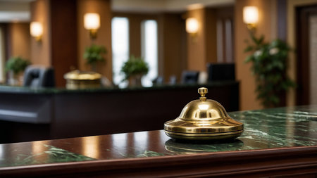 A luxurious hotel reception desk made of green marble, featuring a shiny golden bell, with a cozy seating area in the background and warm lighting enhancing the inviting atmosphere. AI generated imageの写真素材