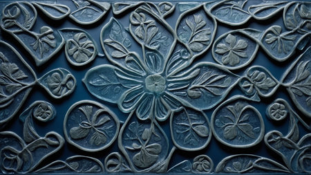 An intricately blue floral pattern with textured, detailed leaves and flowers, emphasizing artistic style and craftsmanship. AI generated imageの写真素材