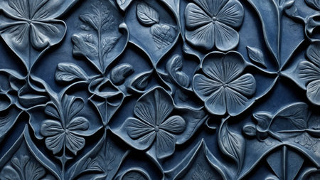 An intricately blue floral pattern with textured, detailed leaves and flowers, emphasizing artistic style and craftsmanship. AI generated imageの写真素材
