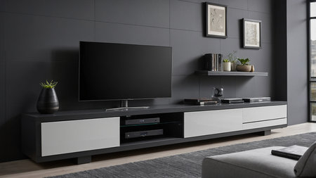 A sleek and modern entertainment center featuring a television, shelves with decor, and closed storage compartments, all set in a stylish, contemporary living room with dark walls and light flooring. AI generated imageの写真素材