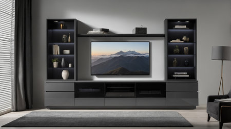 A sleek and modern entertainment center featuring a television, shelves with decor, and closed storage compartments, all set in a stylish, contemporary living room with dark walls and light flooring. AI generated imageの写真素材