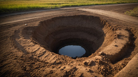 This image shows a deep, cleanly dug excavation on a dirt road in a rural countryside area with a small pool of water collected at the bottom, suggesting recent rainfall or seepage. AI generated imageの写真素材