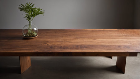 A beautifully crafted wooden table is adorned with a simple glass vase containing green leaves, set...