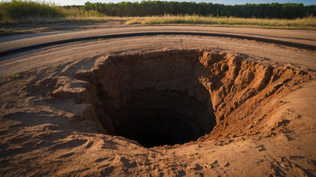 A large, deep, circular hole with smoothly excavated edges, situated in a barren, dry earth landscape with open sky, capturing the sense of depth and emptiness in the natural environment. AI generated imageの写真素材