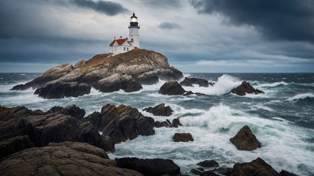 A picturesque lighthouse stands resiliently on a rugged rocky island, battered by waves, under a...