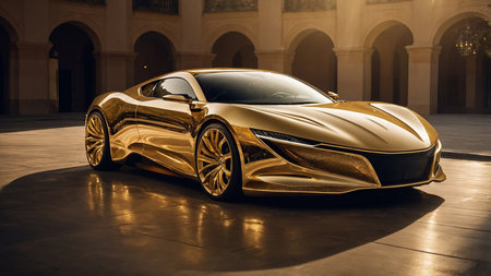 A luxurious golden sports car with a sleek, futuristic design parked in a grand courtyard, reflecting the light beautifully. The image embodies wealth, luxury, and modern elegance in an artistic style. AI generated imageの写真素材