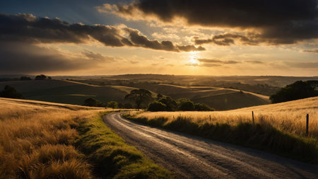 The image showcases a picturesque winding road meandering through rolling hills under a dramatic...