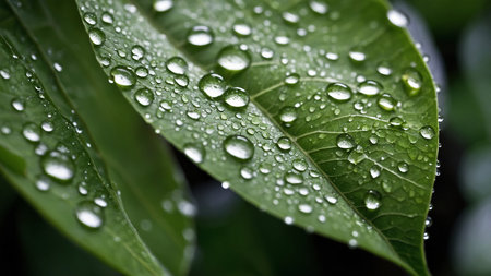 This image features a detailed close-up of a green leaf covered in water droplets, highlighting the delicate texture and natural vibration of the leaf in a fresh, rain-soaked environment. AI generated imageの写真素材