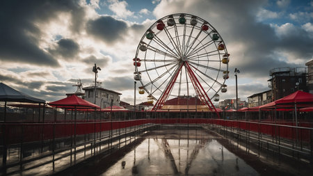 The image captures an empty amusement park featuring a towering Ferris wheel, set against a dramatic cloudy sky reflecting on the wet ground, creating a sense of solitude and anticipation. AI generated imageの写真素材