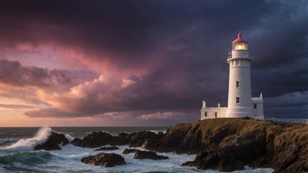 This captivating image features a lighthouse perched on a rocky cliff as waves crash below, with a vibrant, dramatic sunset and clouds enhancing the picturesque coastal scene, evoking tranquility and awe. AI generated imageの写真素材