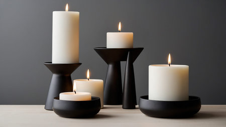 Image of five pillar candles of different heights and diameters, placed on a wooden surface with...