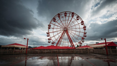 The image captures an empty amusement park featuring a towering Ferris wheel, set against a dramatic cloudy sky reflecting on the wet ground, creating a sense of solitude and anticipation. AI generated imageの写真素材