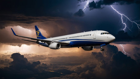 This striking image captures an airplane navigating through a thunderstorm with bright lightning...
