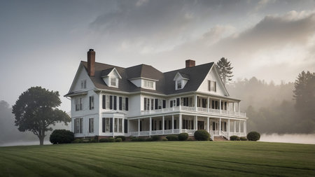 Image of a large white house featuring a spacious front porch, expansive green lawn, surrounded by misty trees. Captured in a serene and peaceful atmosphere giving a sense of tranquility and grandeur. AI generated image