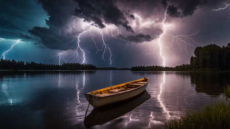 A serene image of a wooden boat floating on a calm lake, illuminated by a dramatic lightning storm under a dark, cloudy night sky, and surrounded by tall pine trees on the shoreline. AI generated imageの写真素材