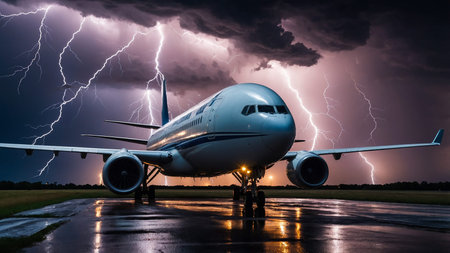 The image showcases a large aircraft stationed on a runway at night, with multiple lightning bolts...
